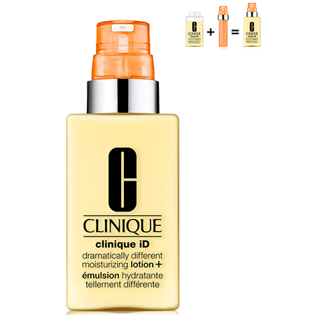 Clinique Dramatically Different Moisturizing Lotion 115 ml.  มอยซ์เจอร์ไรเซอร์สุดฮิตตลอดกาล สำหรับสาวผิวแห้ง-ผิวผสม เนื้อบางเบาซึมง่าย ช่วยบำรุงผิวให้นุ่ม ชุ่มชื่น เปล่งปลั่งดูสุขภาพผิวดี   +     Clinique ID Active Cartridge Concentrate Fatique 10 ml.  (สีส้ม)  ส่วนผสมเข้มข้นจากทอรีนและคาเฟอีน ช่วยเติมพลังให้ผิว กระตุ้นผิวที่เหนื่อยล้าให้เปล่งประกาย  